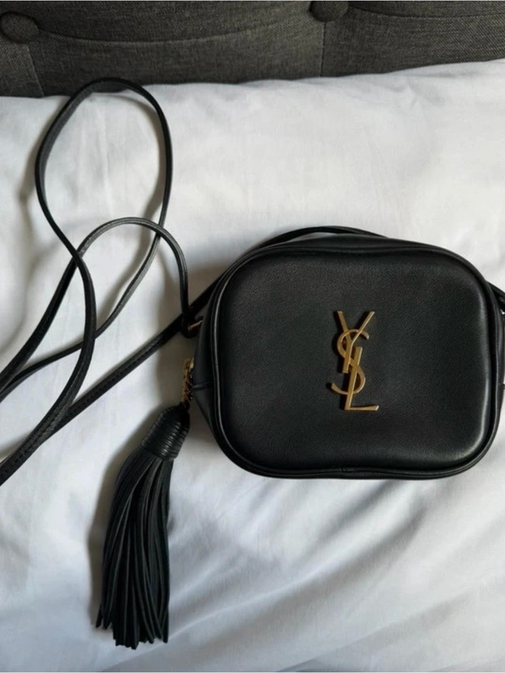 Saint Laurent Black Leather Crossbody Camera Bag with Gold YSL Logo and Tassel